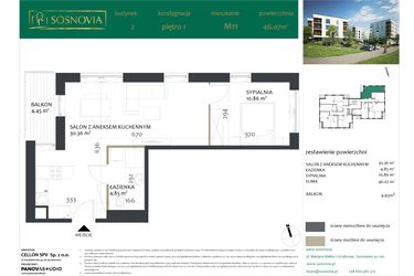 Rzut - Mieszkanie na sprzedaż 2 pokoje o powierzchni 46,07 m² - numer 2.M11 w Sosnovia
