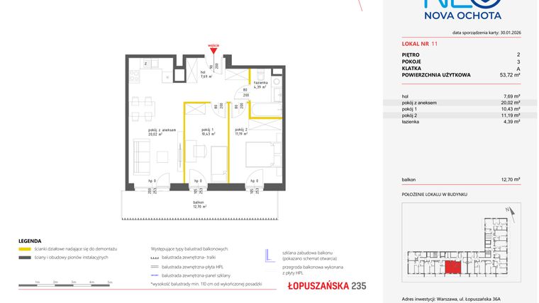 Rzut - Mieszkanie na sprzedaż 3 pokoje o powierzchni 53,64 m² - numer 11 w Neo Nova Ochota