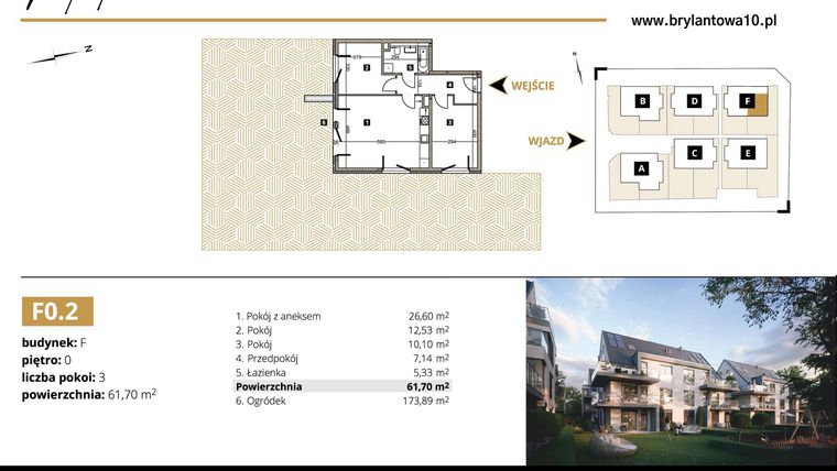 Rzut - Mieszkanie na sprzedaż 3 pokoje o powierzchni 61,7 m² - numer F0.2 w Brylantowa 10