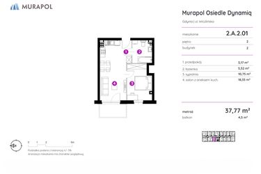 Rzut - Mieszkanie na sprzedaż 2 pokoje o powierzchni 37,77 m² - numer 2.A.2.01 w Murapol Osiedle Dynamiq