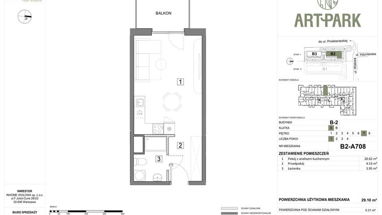 Rzut - Mieszkanie na sprzedaż 1 pokój o powierzchni 29,41 m² - numer B.2.A708 w ArtPark