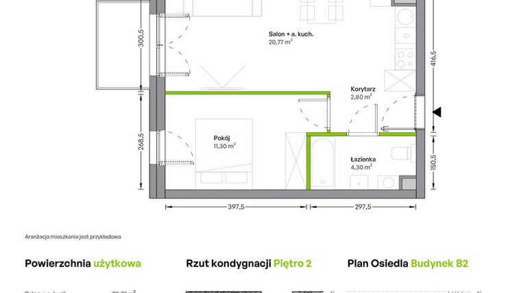 Rzut - Mieszkanie na sprzedaż 2 pokoje o powierzchni 39,17 m² - numer B.02.04.05 w WUWA Vita