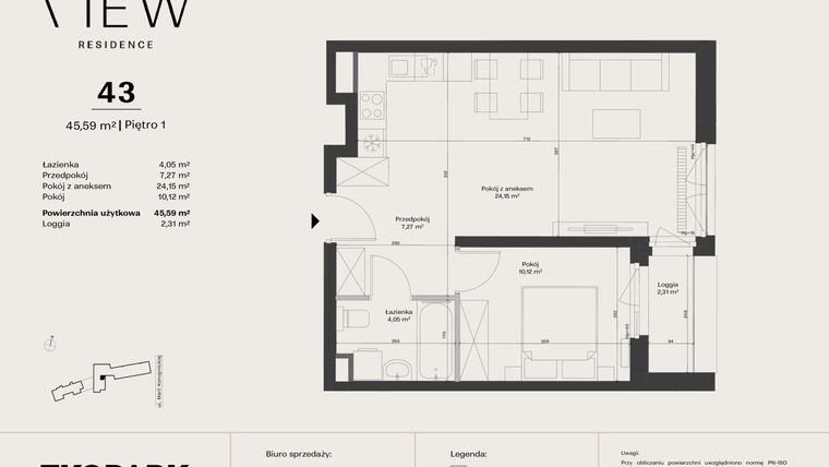 Rzut - Mieszkanie na sprzedaż 2 pokoje o powierzchni 45,59 m² - numer 43 w The View