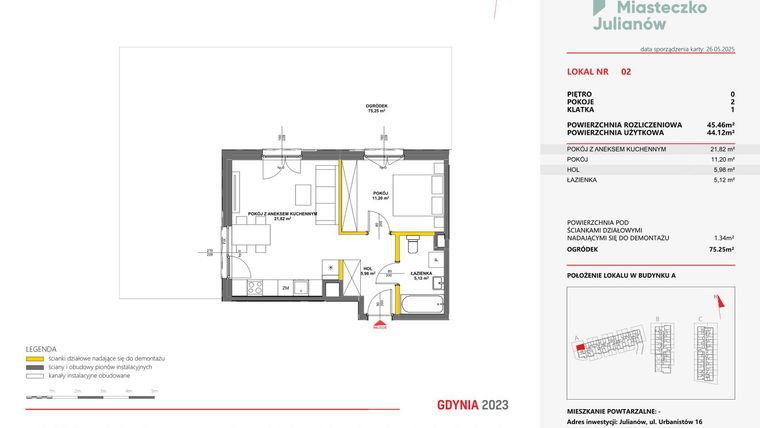 Rzut - Mieszkanie na sprzedaż 2 pokoje o powierzchni 45,46 m² - numer 2 w Miasteczko Julianów