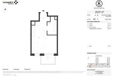 Rzut - Mieszkanie na sprzedaż 1 pokój o powierzchni 29,57 m² - numer A/1/1.3 w Smardzewska 8