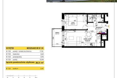 Rzut - Mieszkanie na sprzedaż 2 pokoje o powierzchni 38,31 m² - numer B 7.03 w Park Moniuszki II C