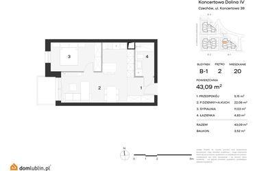 Rzut - Mieszkanie na sprzedaż 2 pokoje o powierzchni 43,09 m² - numer 20 w Koncertowa Dolina