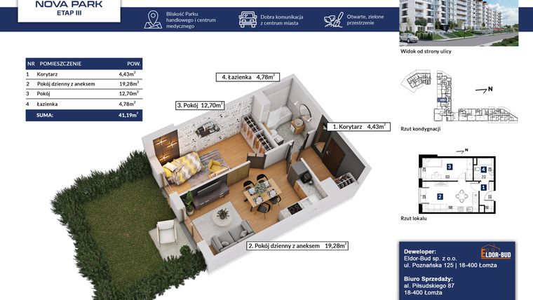 Rzut - Mieszkanie na sprzedaż 2 pokoje o powierzchni 41,19 m² - numer 60 w Nova Park etap III