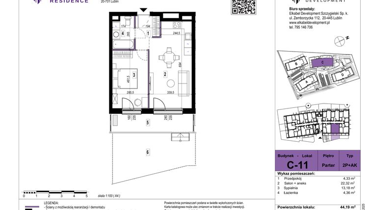 Rzut - Mieszkanie na sprzedaż 2 pokoje o powierzchni 44,19 m² - numer C-11 w Szerokie Residence