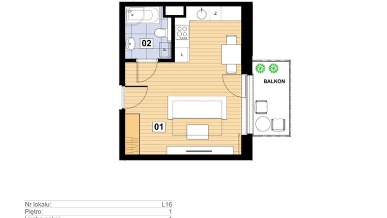 Rzut - Mieszkanie na sprzedaż 1 pokój o powierzchni 27,5 m² - numer L-16 w Mickiewicza 21 Residence