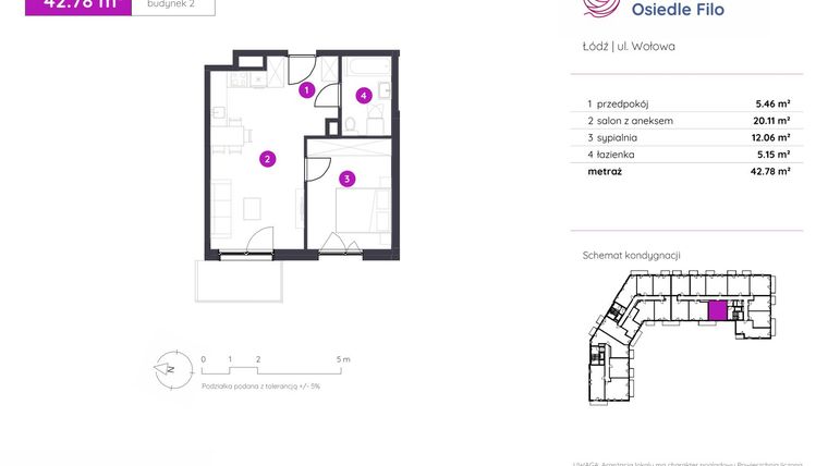 Rzut - Mieszkanie na sprzedaż 2 pokoje o powierzchni 42,78 m² - numer 2.C.1.01 w Murapol Osiedle Filo etap II