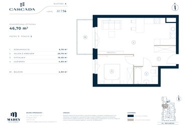 Rzut - Mieszkanie na sprzedaż 2 pokoje o powierzchni 46,7 m² - numer A1.7.14 w Cascada