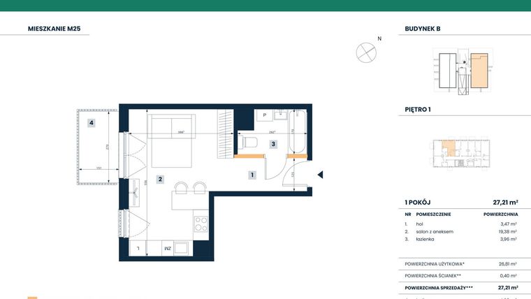 Rzut - Mieszkanie na sprzedaż 1 pokój o powierzchni 26,81 m² - numer M25 w Reneta