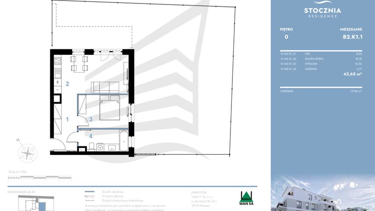 Rzut - Mieszkanie na sprzedaż 2 pokoje o powierzchni 43,65 m² - numer B2.K1.1 w Stocznia Residence
