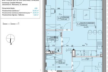Rzut - Mieszkanie na sprzedaż 3 pokoje o powierzchni 54,95 m² - numer 69B w Osiedle Młodych etap VII