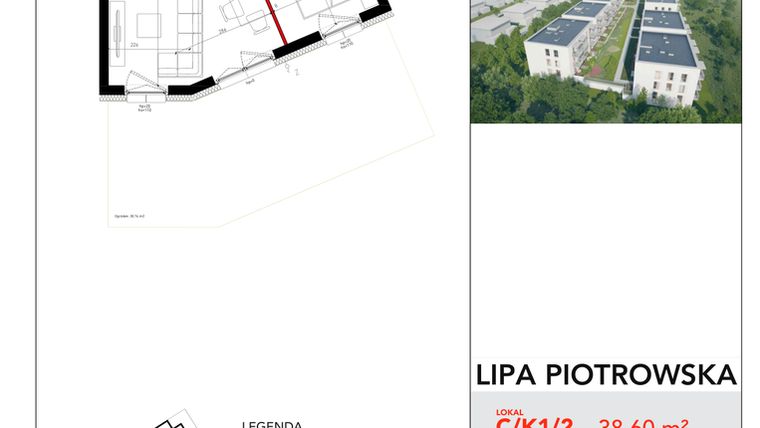 Rzut - Mieszkanie na sprzedaż 2 pokoje o powierzchni 38,6 m² - numer C/1/2 w Lipa Piotrowska