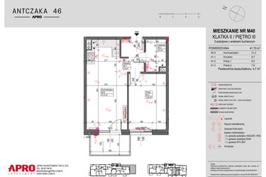 Rzut - Mieszkanie na sprzedaż 2 pokoje o powierzchni 41,7 m² - numer M40 w Antczaka 46