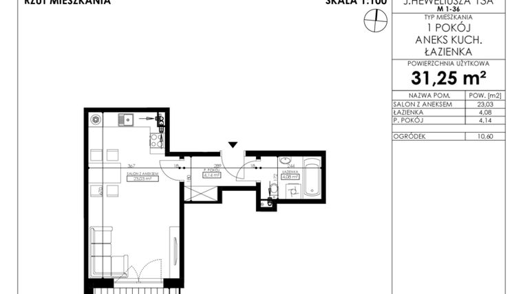 Rzut - Mieszkanie na sprzedaż 1 pokój o powierzchni 31,25 m² - numer JAR-II-B-LM-M11 w Osiedle JAR Heweliusza etap II
