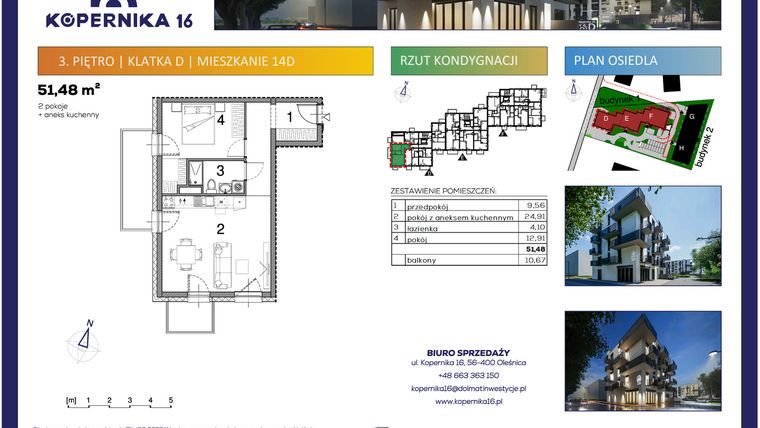 Rzut - Mieszkanie na sprzedaż 2 pokoje o powierzchni 51,48 m² - numer D14 w Kopernika Szesnaście