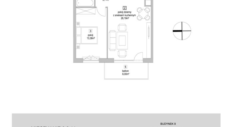 Rzut - Mieszkanie na sprzedaż 2 pokoje o powierzchni 49,34 m² - numer 9.2.11 w Osiedle Przyjemne IV