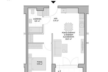 Rzut - Mieszkanie na sprzedaż 2 pokoje o powierzchni 44,56 m² - numer WO/P3/33 w Wiszące Ogrody
