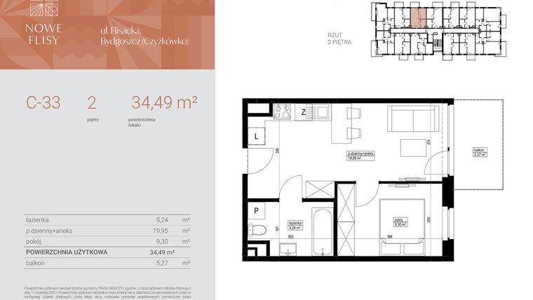 Rzut - Mieszkanie na sprzedaż 2 pokoje o powierzchni 34,49 m² - numer M33_NF.c w Nowe Flisy II