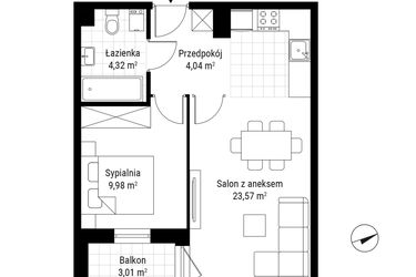 Rzut - Mieszkanie na sprzedaż 2 pokoje o powierzchni 41,91 m² - numer B.10 w Nowa Namiarkowa