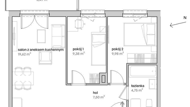 Rzut - Mieszkanie na sprzedaż 3 pokoje o powierzchni 51,23 m² - numer A.01.011 w Unii Lubelskiej Vita