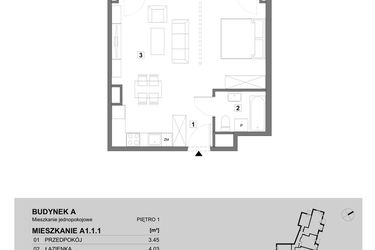 Rzut - Mieszkanie na sprzedaż 1 pokój o powierzchni 43,39 m² - numer A1.1.1 w ATAL Grabiszyn