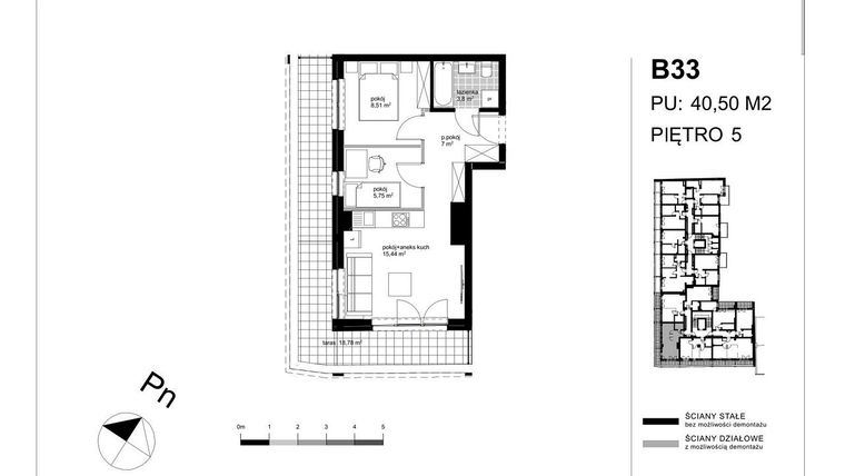 Rzut - Mieszkanie na sprzedaż 3 pokoje o powierzchni 40,29 m² - numer B33 w Apartamenty Kopernika - etap II