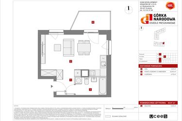 Rzut - Mieszkanie na sprzedaż 1 pokój o powierzchni 30,61 m² - numer 5.3.F.29 w Osiedle Górka Narodowa etap 5