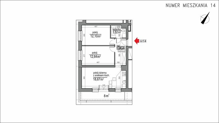 Rzut - Mieszkanie na sprzedaż 3 pokoje o powierzchni 52,87 m² - numer 1m.14 w Osiedle Rytm