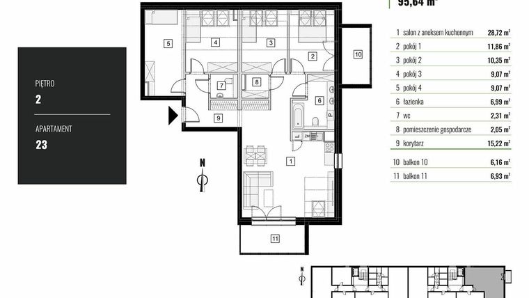 Rzut - Mieszkanie na sprzedaż 5 pokoi o powierzchni 95,64 m² - numer M.23 w Zielony Horyzont