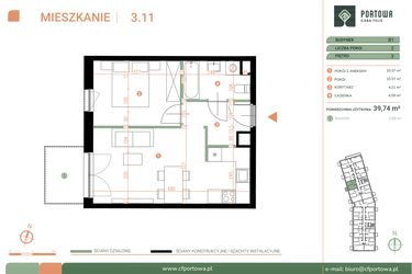 Rzut - Mieszkanie na sprzedaż 2 pokoje o powierzchni 39,74 m² - numer M.03.11 w Casa Feliz Portowa II
