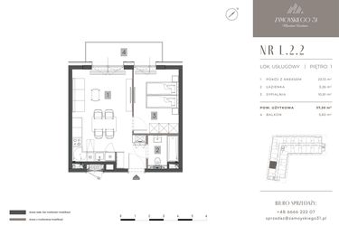 Rzut - Mieszkanie na sprzedaż 2 pokoje o powierzchni 37,3 m² - numer L.2.2 w Zamoyskiego 31