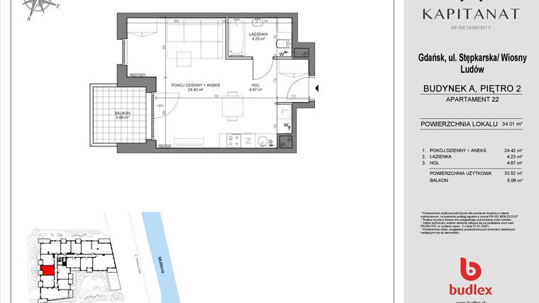 Rzut - Mieszkanie na sprzedaż 1 pokój o powierzchni 33,52 m² - numer A22 w Kapitanat A