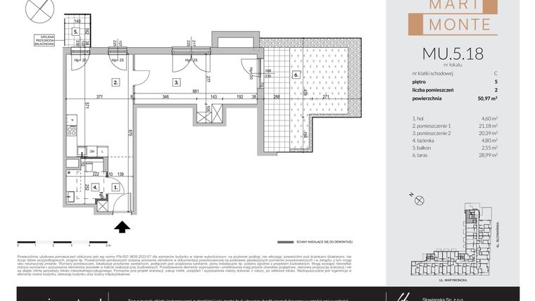 Rzut - Mieszkanie na sprzedaż 2 pokoje o powierzchni 50,97 m² - numer MU.5.18 w Marimonte - apartamenty inwestycyjne