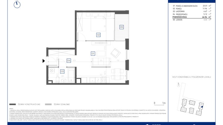Rzut - Mieszkanie na sprzedaż 2 pokoje o powierzchni 44,54 m² - numer 1.1.1 w Atria Nowe Żerniki