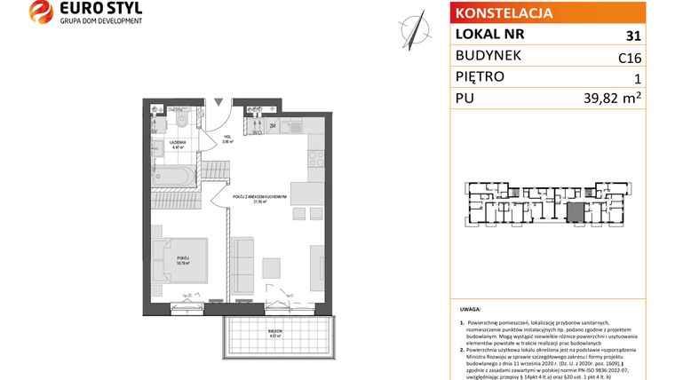 Rzut - Mieszkanie na sprzedaż 2 pokoje o powierzchni 39,82 m² - numer C16.31 w Konstelacja etap VI