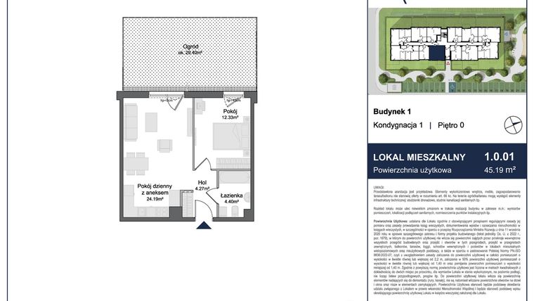Rzut - Mieszkanie na sprzedaż 2 pokoje o powierzchni 45,19 m² - numer RYTELSKA - 2 pokojowe mieszkanie z dużym ogródkiem w Rytelska