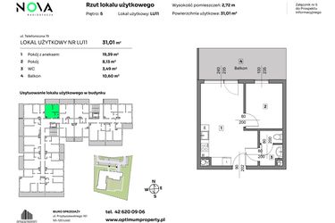 Rzut - Mieszkanie na sprzedaż 2 pokoje o powierzchni 31,01 m² - numer L.U. 11 w Nova Radiostacja - apartamenty inwestycyjne