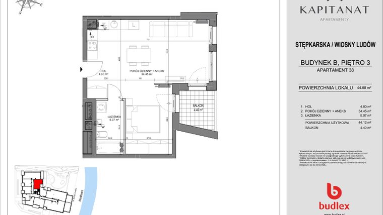 Rzut - Mieszkanie na sprzedaż 2 pokoje o powierzchni 44,68 m² - numer 38.B w Kapitanat Apartamenty