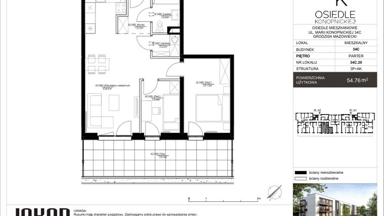 Rzut - Mieszkanie na sprzedaż 3 pokoje o powierzchni 54,76 m² - numer 34C.20 w Osiedle Konopnickiej