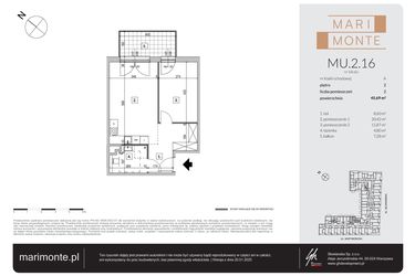 Rzut - Mieszkanie na sprzedaż 2 pokoje o powierzchni 45,69 m² - numer MU.2.16 w Marimonte - apartamenty inwestycyjne