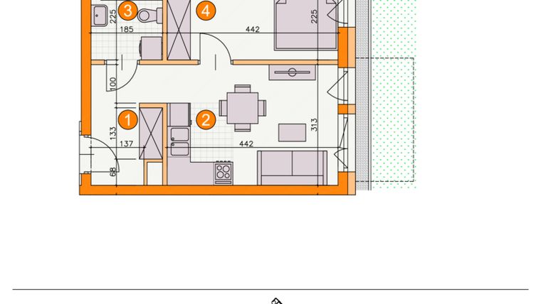 Rzut - Mieszkanie na sprzedaż 2 pokoje o powierzchni 32,3 m² - numer BI/D1 w Osiedle Bocianie Gniazdo 2