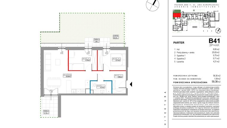 Rzut - Mieszkanie na sprzedaż 3 pokoje o powierzchni 58,3 m² - numer B041 w Grunwald Między Drzewami etap II