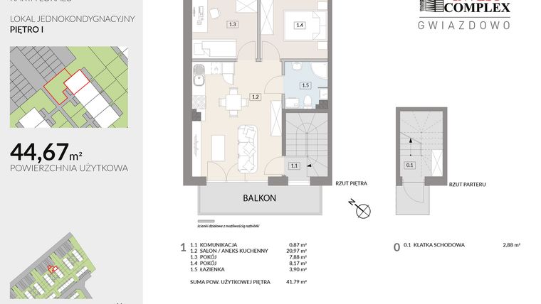 Rzut - Mieszkanie na sprzedaż 3 pokoje o powierzchni 44,67 m² - numer A53.2 w Osiedle Gwiazdowo etap 6B