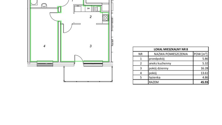 Rzut - Mieszkanie na sprzedaż 2 pokoje o powierzchni 45,93 m² - numer 8 w Nowa Pszczelna