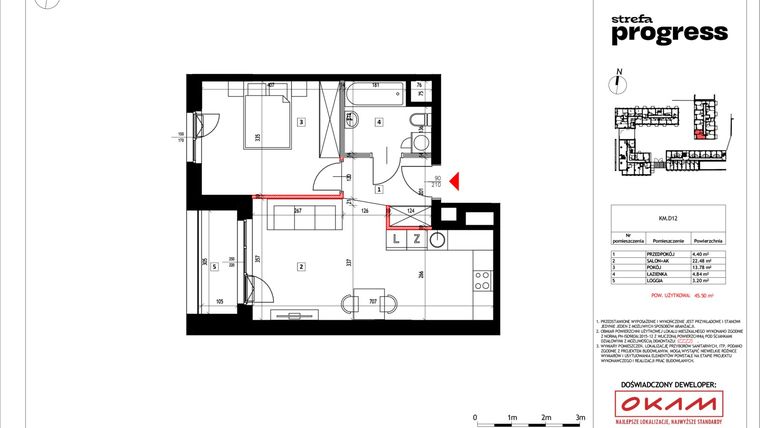 Rzut - Mieszkanie na sprzedaż 2 pokoje o powierzchni 46,59 m² - numer 222 w Strefa PROGRESS