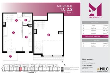 Rzut - Mieszkanie na sprzedaż 2 pokoje o powierzchni 77,19 m² - numer 1.C.2.2 w Maślice Wrocław Milo Dobry Deweloper etap IV